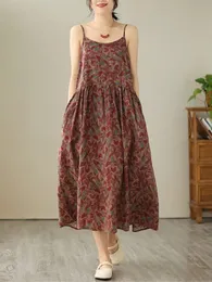 Anteef sleeveless strap cotton vintage floral in dresses for women casual loose long summer dress elegant clothing 240408