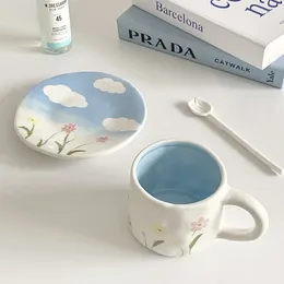 Mugs Hand Pinched Painting Korean Cartoon Cute Ceramic Coffee Cup Dish Set Afternoon Tea High-level Saucer Snack Plate