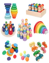 Wooden Rainbow Block Wood Stacking Toys Grimms Rainbow Building Blocks Balls Montessori Eductaional Toy Kids Rainbow Stacker woode6219620