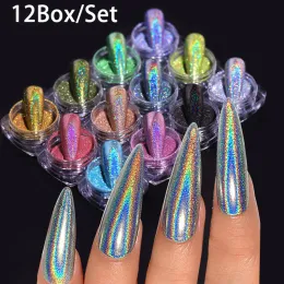 Glitter 12box set 0,05 mm Ultra fine olografica nail art art in polvere in polvere in polvere argento cromo pigmenti decorazioni per chiodi accessori strumenti