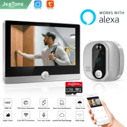 초인종 Jeatone Alexa Tuya Smart Wi -Fi Video Peephole 1080p/158 ° 4.3 "LCD 스크린 24H PIR 움직임 감지 눈을위한 참가벨 카메라