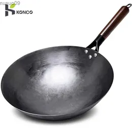 Pans Konco household iron pot handmade fork iron pot with wooden handle pure iron uncoated and non stick gas cookwareL2403
