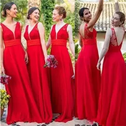 민소매 붉은 쉬폰 긴 신부 들러리 드레스 v- 넥 오픈 백 줄 결혼식 손님 여자 여자를위한 공식 드레스