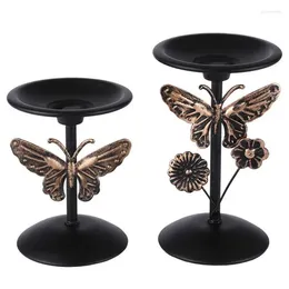 Titulares de vela Pedestal Stand Retro Black Metal Conjunto de 2 decorativo com borboleta romântica e