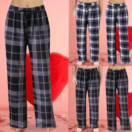 Calça feminina feminina feminina impressão xadrez pijama prateleira elástica cintura de pijama calças de sono casual calçados retos pantalones de mujer