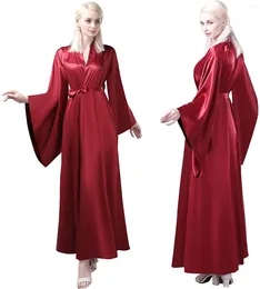 Runway Dresses Bourgogne Silk Women Robe Long Sleeve Sexy Nightgown V Neck Ruffles Satin Sleepwear Bathrobe Pyjamas Prom Bridesmaid Shawel