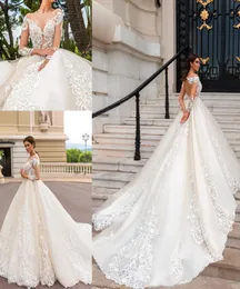 2020 Vestidos de Novia Lace Wedding Dresses Sheer Neck Applique Line Leng Sleeves Vintage Bridal Gowns Illusion Back Bridal Dres1310751