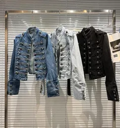 Kokteyl partisi gündelik patchwork düğmesi mavi denim ceket kadınlar için stant yaka uzun kollu gevşek ceketler kadın bahar moda8561108