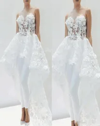 Кружевая аппликация свадебные комбинезоны с поездом для женщин Элегантная 3D -цветочная съемная юбка Белая свадебная брюка платье 5995419
