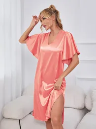 Silk Satin Women Nightgown Side Split Sexig Sleepwear V Neck Homwear Summer Short Sleeve Nightwear Dress Pyjamas Underwear Tyg 240408
