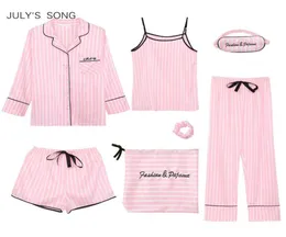 JULY039S SONG Pink Women039S 7 Pieces Pyjamas Set Emulation Silk Standed Pyjamas Women Sleepwear Set Spring Summer Autumn 4967612