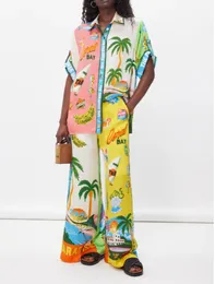 Stylish Lady Tropical Printed Cotton Linen 2 Piece Set Women Half Sleeve Shirt and Wide Ben Pant Suits 2024 Vocation Outfits