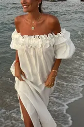 スタイリッシュレディコットンリネンフリルドレス2024夏の女性肩から半袖高スプリットロングビーチホリデードレス