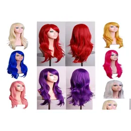 Косплей парики 70 см Свободная волна Синтетика для женщин парика Blonde Blone Red Pink Grey Purple Hair Party Halloween Рождественская капля Delive OTG26