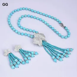 GG Jewelry 25 Blue Turquoise Stone Cubic Zirconia Pave Flower Tassel Pendant Necklace Earrings Bracelet Sets For Women 240401