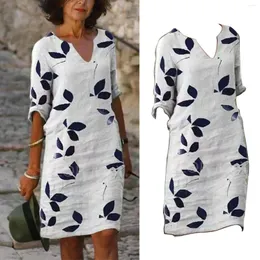 Casual Dresses Fashion Women Summer Printing Dress V-Neck Half Sleeve A-Line Female Retro Litera Vintage Loose