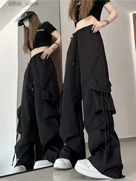 Женские джинсы Zoki Harajuku Женские грузовые брюки Strtwear Y2K Хип -хоп черные брюки мода с высокой талией шнур