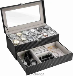 10 Slots Watch Box Case for Men Mens Jewelry Organizer Watch Holder Display Case with Drawer PU Leather Watch Storage Boxes with Glass Lid and Pillow -Black
