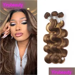 Lace Wigs Yirubeauty Brazilian Human Hair 3 Bundles P4/27 Color Straight Body Wave 4 27 Double Wefts 8-30Inch Remy Piano Colors Drop D Ot1Vf