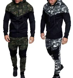 Homens causais camuflagem de camuflagem conjuntos de jaqueta camuflada 2pc com capuz de roupas esportivas com moleto