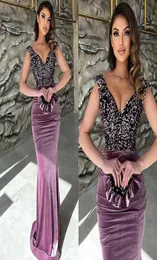 Sexy New V neck Sequined Top Mermaid Prom Dresses 2022 Purple Backless Velvet Formal Evening Gowns BC17182 B0520022227948