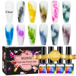 Gel Mizhse 6/12pcs/conjunto de unhas de gel de gel Blooming Watercolor Ink Flowers Semi Permanente esmalte esmalte esmalte esmalte para pregos arte