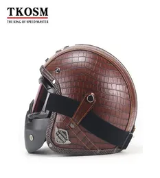 TKOSM Vintage 34 Leather Helmets Motorcycle Helmet Open Face Chopper Bike Helmet Motorcycle Helmet Moto Motocros Visor2292032