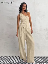 Women's Two Piece Pants Khaki Cotton Linen Sets Summer 2024 Irregular Blazers Tops And Wide Legs Office Ladies Pleated