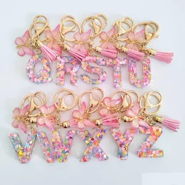 Key Rings Initial Pink Letter Keychains For Girls Women Cute Butterfly Heart Keychain Backpack School Bag Drop Delivery Jewelry Dhwax