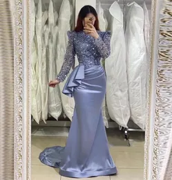 Blue Elegant Satin Evening Dresses Long Glitter Sequined Pleated Bodice Top Mermaid Long Sleepes Gleats Arabiska kvinnor Formella promklänningar