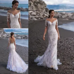 Vestidos elegantes mangas compridas renda sereia vestidos de noiva 2019 Tulle Applique Sweep Train Summer Beach Wedding Wedding Bridal GOWNS com mas