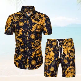 2 stycken uppsättningar sommar presenterade trycktraktioner män casual mode blommig tryckt skjortor set set mens hawaiian strandkläder 240408