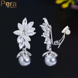 Backs Earrings Pera Symmetrical Long Dangle Leaf Pearl CZ Crystal No Hole Pierced Ear Clip On Without Piercing Women Jewelry E702