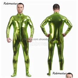 Pajamas Men Latex Suit Black Shiny Metallic Tights Gold Zentai Headless Unitard Skin Bodysuit Zipper Front Jumpsuit 231221 Drop Delive Dhzua