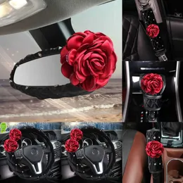 Ny Red Rose Flower Diamond Plush Interior Ratter täcker säkerhetsbältet omslagsutrustningssatser biltillbehör för flickor