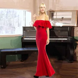 قبالة الكتف قصير الأكمام الكشكش الأحمر ثوب ذيل الفساتين ماكسي حفلة موسيقية للبالغين المساء للسيدات