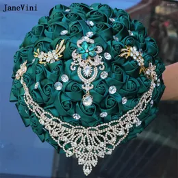 Flores de casamento Janevini 2024 Rhinestones de ouro de luxo European Green Bridal Bouquets Artificial Satin Roses Bouquet