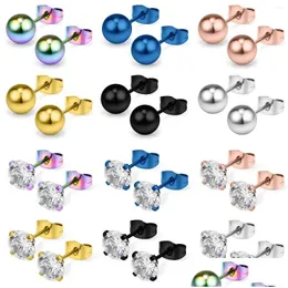 Orecchini a perno 1 coppia Sfera in acciaio inossidabile Crystal Zircone CZ Ear 4 Prong per uomini Donne Round 2-8 mm Gioielli di consegna a goccia Ota0o