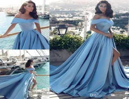 2018 Simple Arabic Light Blue Prom Dresses African Off the Shoulders Formal Dress Party Wear Evening Gowns Front Split Popular1066064