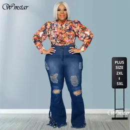 Wmstar Plus Size Jeans Women Bodycon Stretch Solid Pockets High Waist Fashion Denim Flared Pants Wholesale Drop 240320
