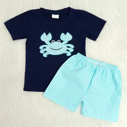 blå krabba mönster pojkar broderi sommar outfit pojke raglan skjorta match seersucker shorts 2 stycken set barnkläder 240323