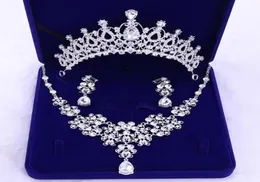 2019 Silver Crystal Flowers Bridal Jewelry Set Rhinestone Statement Necklace Earrings Crowns Set Wedding Dress Accessories1735358