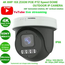 Объектив 4K 8MP 30FPS 15X Zoom POE Человеческий автомобильный отслеживание RTMP PTZ IP -камера RTMP Hikvision Protocol 256SD TF Card 30m IR