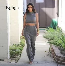 KGFIGU kim kardashian gray outfits women tank tops and long skirts sets 2019 Summer 2 piece outfits two piece skirt set Y200512 p68277542