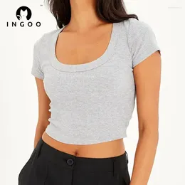 Kadın Tişörtleri Ingo Casual Kısa Kollu Örme Tops Bodycon Seksi U Boyun Kadınlar İçin Sokak Giyim Katı İnce Kırpılmış T-Shirt Top Basic