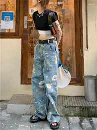 Jeans femininos de moda coreana estampa de flor das mulheres 90s Vintage Oversize Wide perna calça jeans feminina y2k harajuku pantalones estéticas