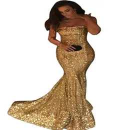 2018 New Bling Bling Shinny Strapless Long Mermaid Prom Bridesmaid Dress paljetter Aftonklänningar Sexig brudtärna Gown3987768