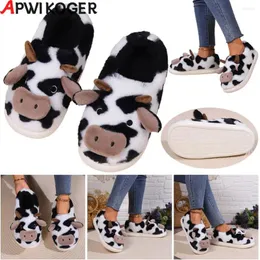 Wanderschuhe Frauen Plüschboden Pantoffeln Cartoon Innen warmer Slipper Nicht-Schlupf-Erinnerung Schaum Fuzzy Kuh Winterhaus