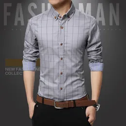 Men Shirt Plaid Druck drehen Kragen Single Breasted Formal Dress Spring Slim Male Business Camisa T Shirt 240322