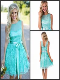 Aqua New Short Lace Bridesmaid Dresses Country Style Summer Beach Wedding Party Reception Gästklänningar med Sash Maid of Honor Go6325648